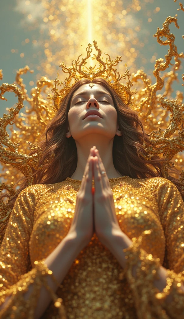 Close-up, ((beautiful woman in gilded pajamas with black and red pattern and ornament meditates)), in the background a magical portal shrouded in a fantastic mist, stunning digital art object, divine atmosphere, diamond glitter, digital art, bright, beautiful, splatter, sparkling, cute and charming, stardust, gold dust particles, filigree, edge lighting, luminous, magical, surreal, sci-fi, multicolored paint splatter, outline, detail, fantasy, unreal engine, perfectly drawn toes, perfect toes, perfect fingers, perfect feet, perfect face, perfect eyes, intricate detail, background, complementary colors, fantasy concept art, high detail, sharp focus, muted colors, perfect lips, bright, cinematic, masterpiece, atmospheric, high resolution, vivid, dynamic studio lighting, pan-and-shift camera, broken glass effect --ar 3:2  -upscale - --auto --s2