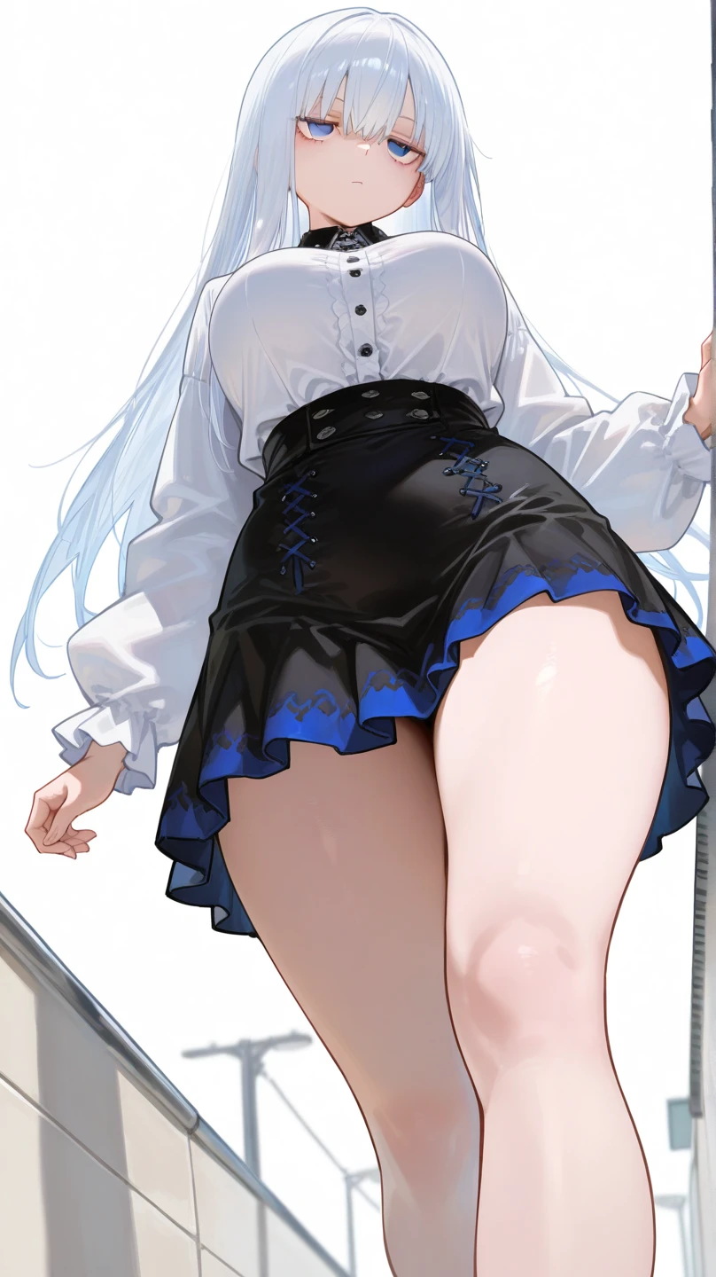 beautiful girl,White long hair,curls,Blue pupils,An expression of disdain,(battlefield),Field,(Dilapidated buildings),White tights,(Tights),(Energy core),White knee socks,belly button,Leather lace-up boots,(pubic)