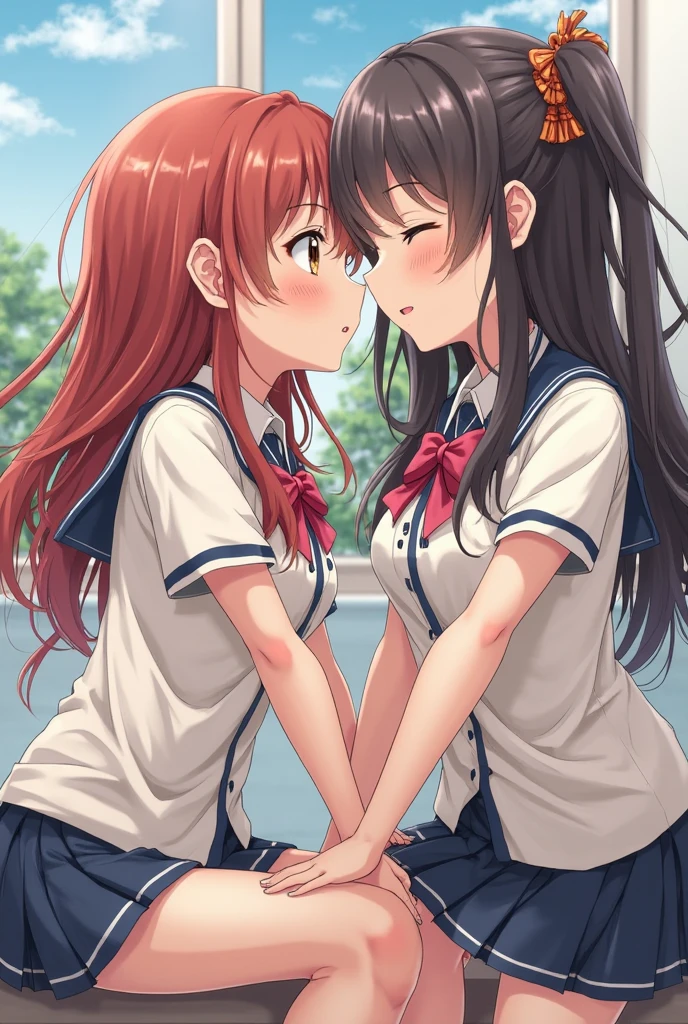 score_9, score_8_up, score_7_up, source_anime, rating_questionable, BREAK 2girls, yuri, kissing, school uniform, very long hair, afternoon lighting, indoor <lora:salad_style_pony6_v1:1>