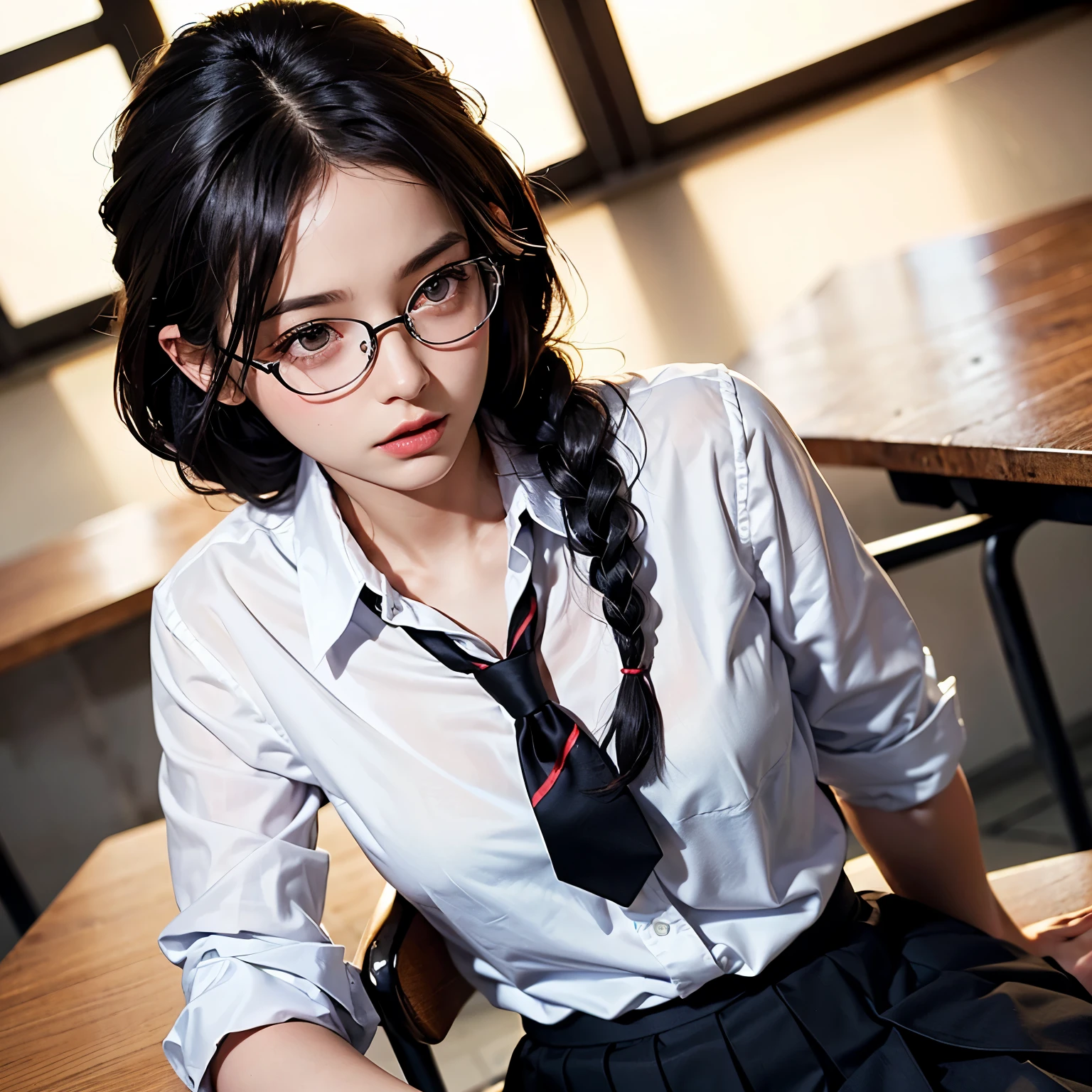 ulzang-6500-v1.1, (RAW photo:1.2), (Photorealistic:1.4), Beautiful detailed girl, Very detailed eyes and face, Beautiful detailed eyes, ridiculous, Incredibly Ridiculous res, hugefilesize, Super detailed, high resolution, Very detailed, Best quality, Masterpiece,, ((Japanes girl' high school uniform)), illustration, Very detailed, CG, unified, 8K wallpaper, Amazing, Fine details, Masterpiece, Best quality, Very detailed CG uniform 8k wallpaper, light in face, 1 girl with glasses, The girl holds a book in her hand, Girl reading on school bench,Flower bush background