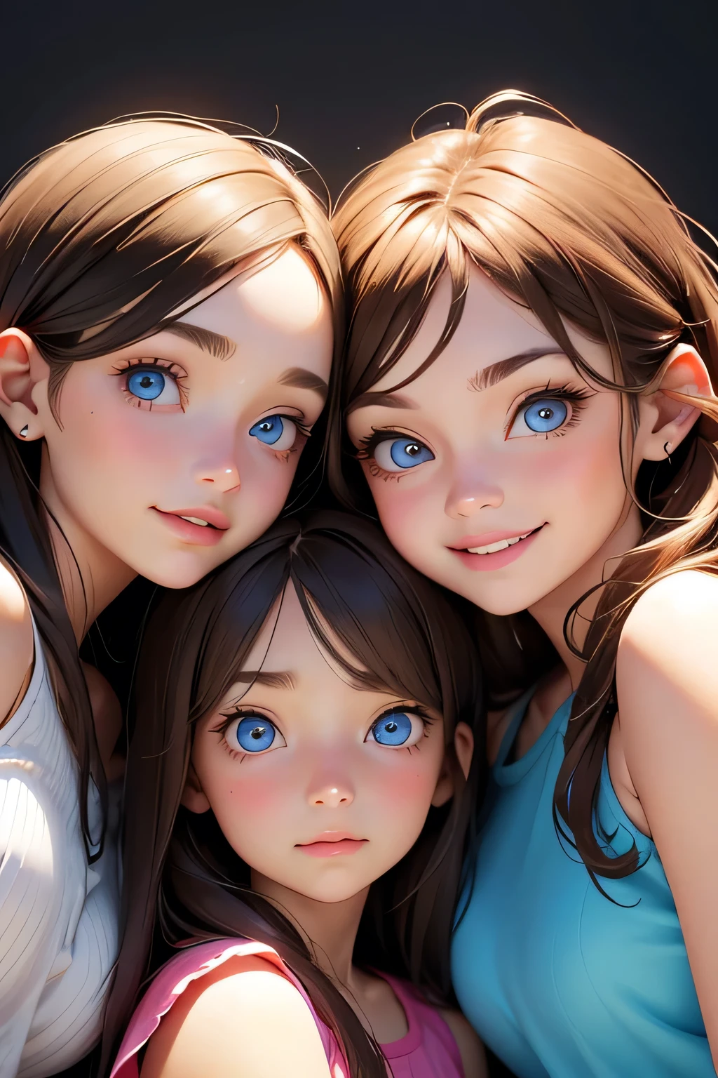 (masterpiece, best quality), 6+girls, multiple girls, alternate breast size, height difference, alternate eye color, alternate hair color, alternate hair length, alternate hair color, alternate skin color, upper body, group hug, sexually suggestive, looking at viewer, happy, parted lips, smile, summer, sunlight, blue sky, flower field, sunflower, sundress, wind,