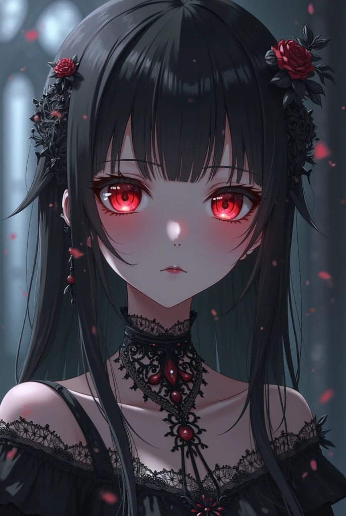 4K quality:1.2,1girl,sense of deps,disorganized,catch light,Super beautiful illustration,((black color,long hairstyles:1.3)),dark dark eyeshadow,(((4k,super beautiful,In detail,red eyes))),bright red lipstick,gothic lolita,;D,beautiful and delicate hair