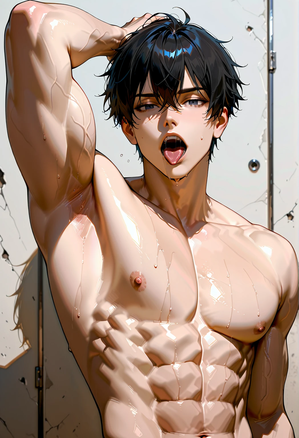 high quality, (soro japanese teen boy:1.5), (detailed eyes), (black short hair), (muscle:1.5), naked, (dark wet skin), (detailed puffy nipples:1.3), penis, cumshot,smirk, looking at viewer,(orgasm)