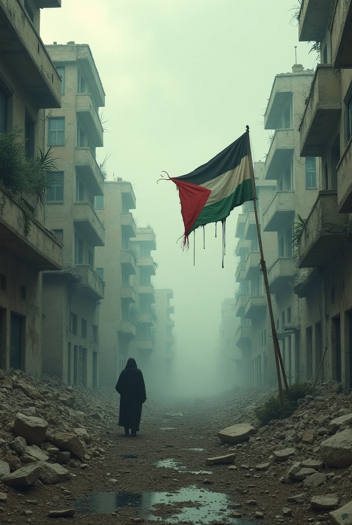 sunset, Palestine earthquake, rubble and destruction, somber, hope, (masterpiece:1.1) (best quality) (detailed) (intricate) (8k) (HDR) (cinematic lighting) (sharp focus:1.1), Palestine flag, hijab, muslim