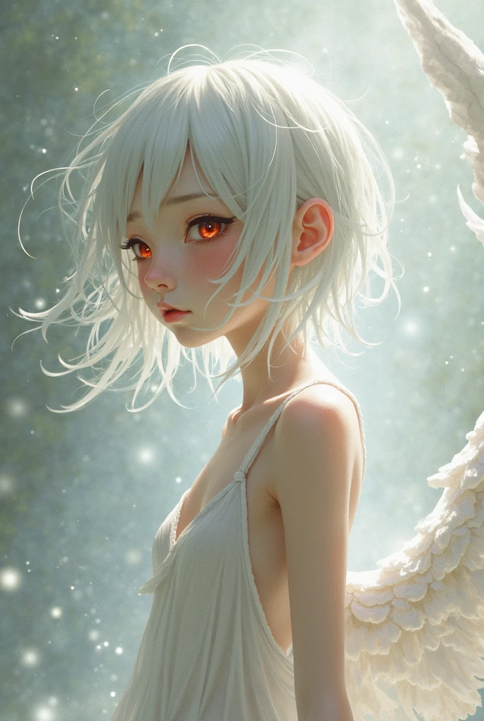 Anime girl with a pair of cat ears, There are soft white villi on the inside of the ear, Her eyes widened,Full of curiosity, She was excited and happy to see me, pretty eyes, White hair, a pink eyes, good art, good drawn, anime 2d, 2d, cute big breasts, 2 hands,5 fingers per hand, beautiful hand, Well drawn hands, 4K, 8K,