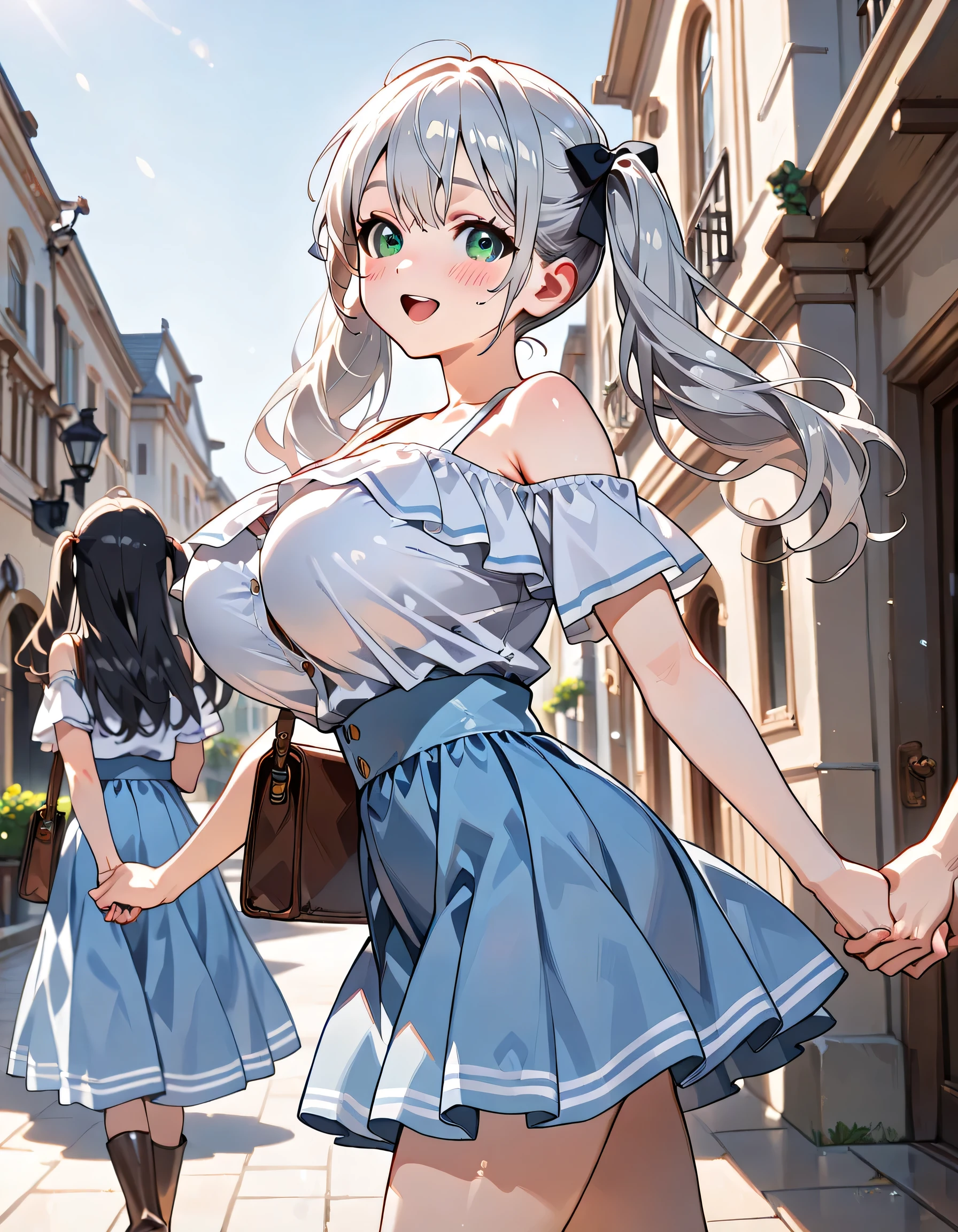((ultra-detailed)), (highly detailed CG illustration), (best quality:1.2), ultra-highly detailed, colorful composition, artistic photoshoot, 2 girls, duo focus,cowboy shot, moe anime character, 2 girls, dainty facial structure, baby face, round face, rounded chin:1.2, ideal ratio body proportions, Marika, Sena, back to back pose, silver hair:1.3, black hair:1.3, twin tails, black hair bow, black hair, long hair, swept bangs, half updo, aqua eyes, orange eyes, (wearring glasses:1,3), (round glasses:1.3), (thick eyebrows), T-shirt with lightpurple, bustier with pink, mermaid skirt with lightbrown, brown boots, shoulderbag, off-shoulder with bluepurple, culotte skirt with beige, brown boots, shoulderbag, perfect feminine figure, anatomically perfect, beautiful detailed faces, huge breasts, radiant smiles, playful postures, matching outfits, peace signs, winking, cheerful expressions, Walking the streets of Roma, Roma cityscape background, Walking holding hands, vibrant colors, cute aesthetic, friendship theme, dynamic composition, smile:1.3, happy:1.3, joyful:1.3, from side, best quality, masterpiece, expecting, pink cheek, blush, light pink gloss slip, portrait, depth of field, poured sunlight, sidelighting, shine, lighting, caustics, ray tracing, perfect face, lustrous skin, highly detailed face, highly detailed eyes, perfect face, perfect nose, perfect hair, perfect eyes, perfect anatomy, beautiful hair, beautiful small face, extremely detailed face, beautiful detailed eyes, beautiful clavicle, beautiful body, beautiful huge breasts, leavage, breasts squeezed together, equalize the size of the left and right breasts, beautiful thin thighs, beautiful legs, beautiful fingers, 4 fingers, 1 thumb, lovely, (very detailed background:1.0), (highly detailed background:1.0), intricate details, joyful atmosphere, colorful and sparkling colors palette, chromatic aberration