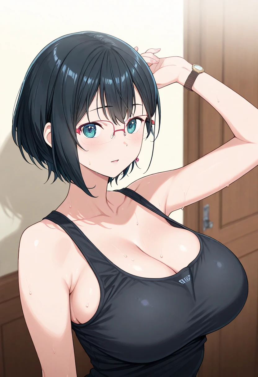 (1girl:1.3), Masterpiece, Best quality, amazing beauty, 4K, absurdres, finely detail, super detailed eye, perfect anatomy, official art, cinematic lighting, BREAK, Skyscraper, silky bob cut, black hair, super shiny detailed brown eyes, Looking at Viewer(camera), glasses, embarrassed, BREAK , big breasts, arms behind back, BREAK , (pink underwear:1.2), BREAK,()