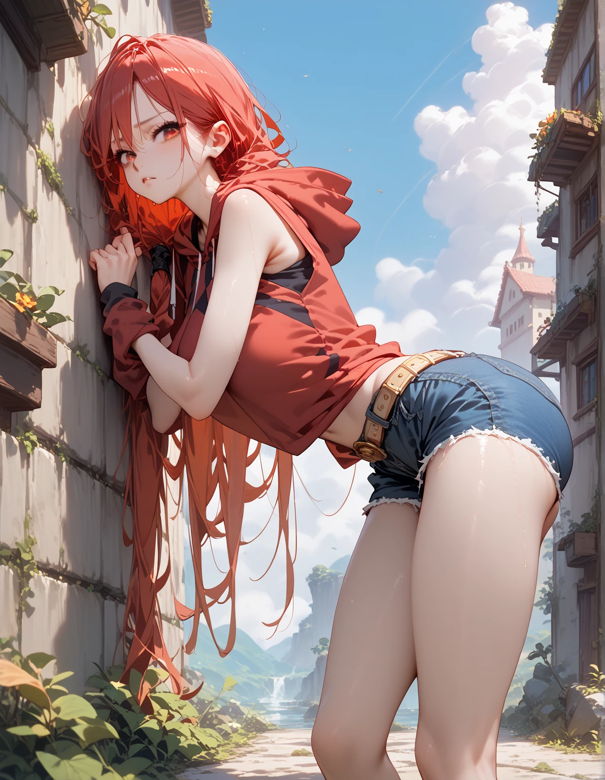(Meisterwerk, best quality:1.2), (Tsurime:1.2),
(Gesichtsfokus, Face up close, Nahaufnahme des Gesichts:1.2), Tsurime, 1girl, Nami Onepieve, Allein, braune Augen, green bikini,blaue jeans,Blick auf den Betrachter, lange Haare, Look back,, Rote Haare, , behind, ,, geschlossenen Mund, Pony, zwei Seiten nach oben, Treppe, Feet outside the frame, White socks, Strapsrock,, , Outside,, Haarverzierung,