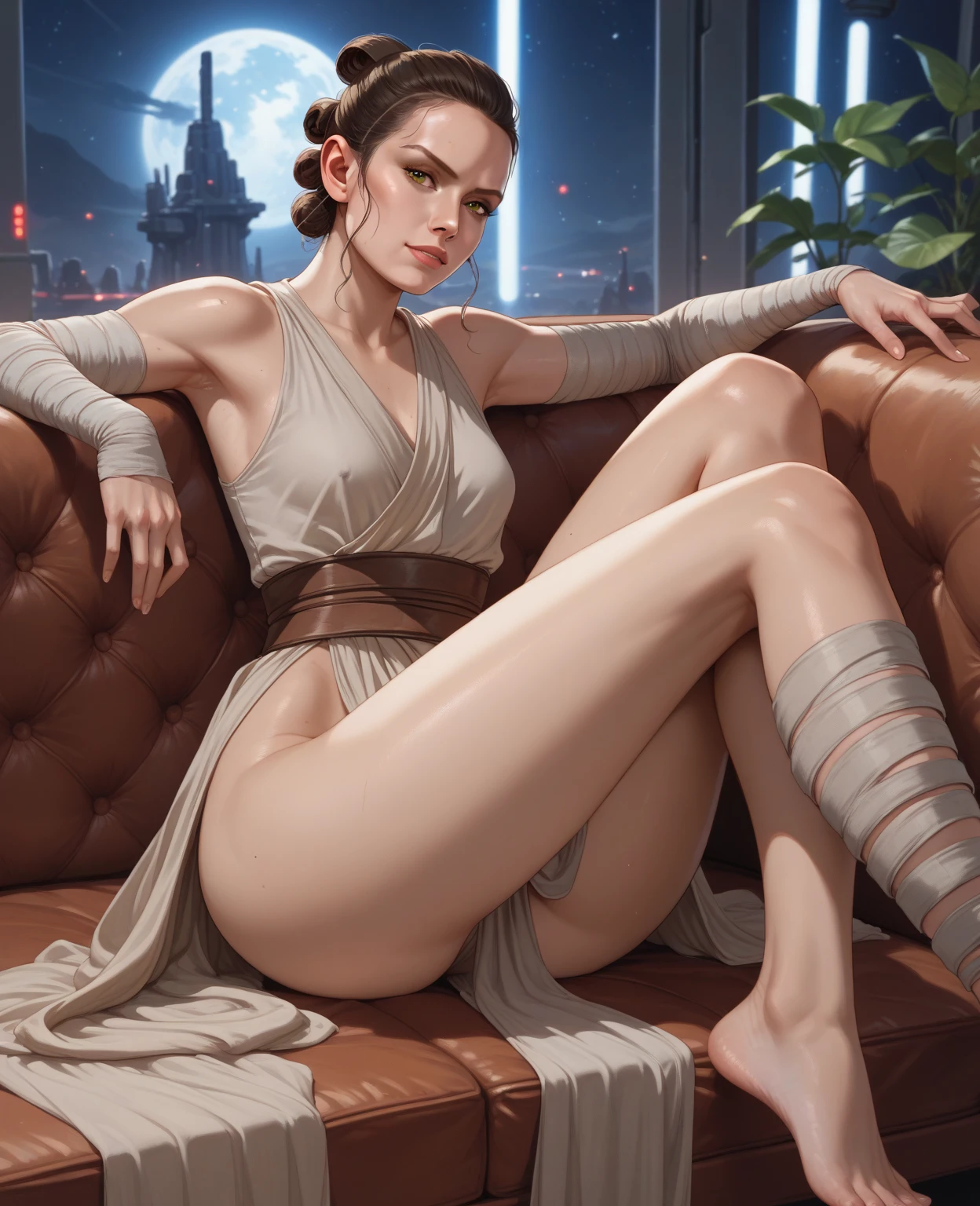 score_9, score_8_up, score_7_up, score_6_up, zPDXL, (female:1.2), (star wars Rey Skywalker), laying on bed, ((huge natural breasts)), brown eyes, rey bun hairstyle, (black tube top), (covered nipples), (black pelvic curtain), (white wet panties), perfect pussy cameltoe, (black stockings), playing with lightsaber, horny expression, (front view)1.1, (inside spaceship, Millennium Falcon background) (detailed stockings fabric) (beautiful feminine feet, small feet, wearing sexy high heels shoes)