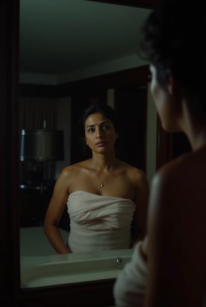 In the bedroom, indian 40 year old sexy beautiful hot woman wrapped towel around her and standing in front of mirror looking at herself, and 1 indian boy wears tshirt and shorts hide behind door, seeing at the woman secretly by seeking from door.