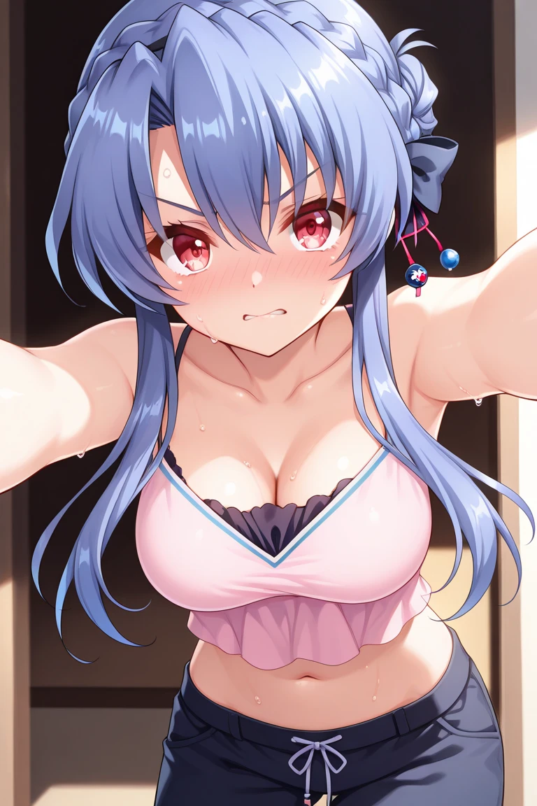 cel-shaded, 1990s anime, detailed, high quality, atmospheric, masterpiece, best quality, very aesthetic, absurdres, anime screencap, miku. 1girl, solo, red eyes, detailed eyes, blue hair, twintails, long twintails, hair ribbons, naked, indoors, curvy body, big breasts, blush, happy, cowboy shot, standing, front view, arms behind