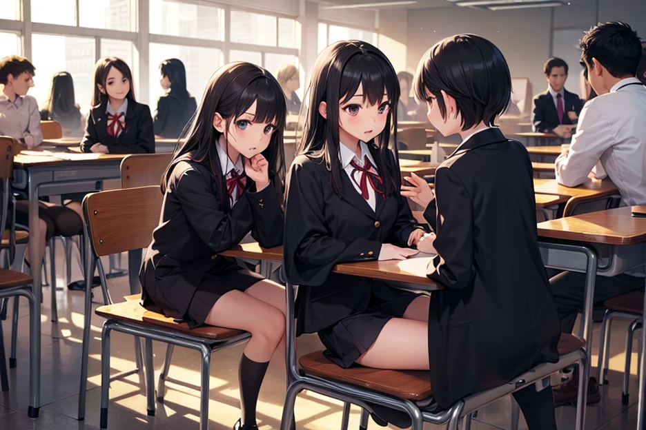 4 girls, inside a classroom, (night:1.5), (in class:1.5), (behind desk:1.5), (((blushing, worried, anxious))), ((behind desks, sitting, one girl per desk)), (tight clothing, short sleeves, sailor uniform, miniskirt), perfect body, perfect face, beautiful face, detailed face, beautiful eyes, detailed eyes, image taken from inside
