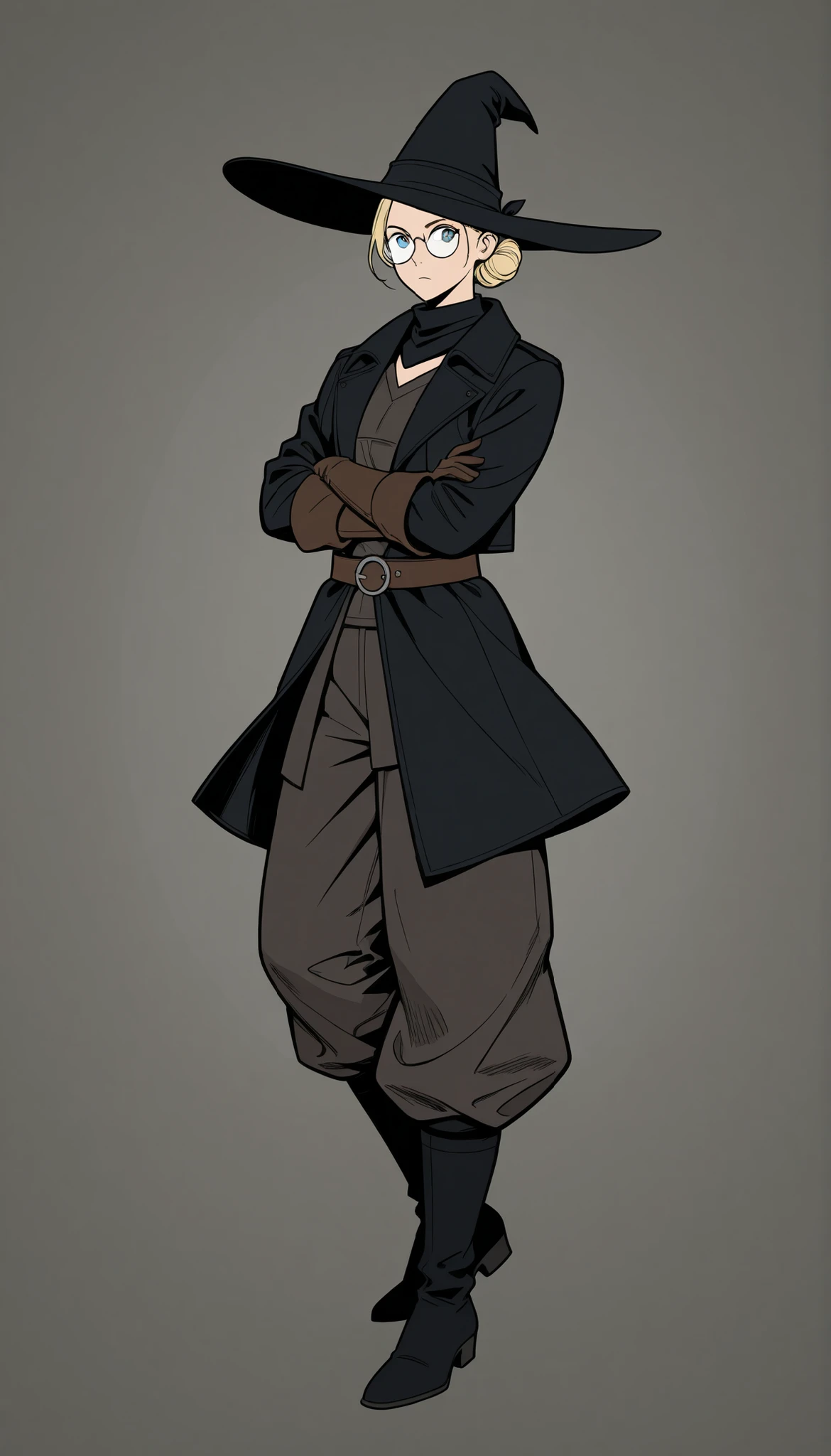 high quality photos ,very detailed illustration, high quality photos ,very detailed illustration, ( Woman 30 years old:1,7), (medieval clothing ,black jacket old, baggy pants black, witch hat, rounded glasses, black bandana, leather gloves :1,7), (hair in a bun, blonde:1,7), slim, Perfect body, Artifyber style , pastel flat colors, dnd, (dynamic pose:1,7), indifference