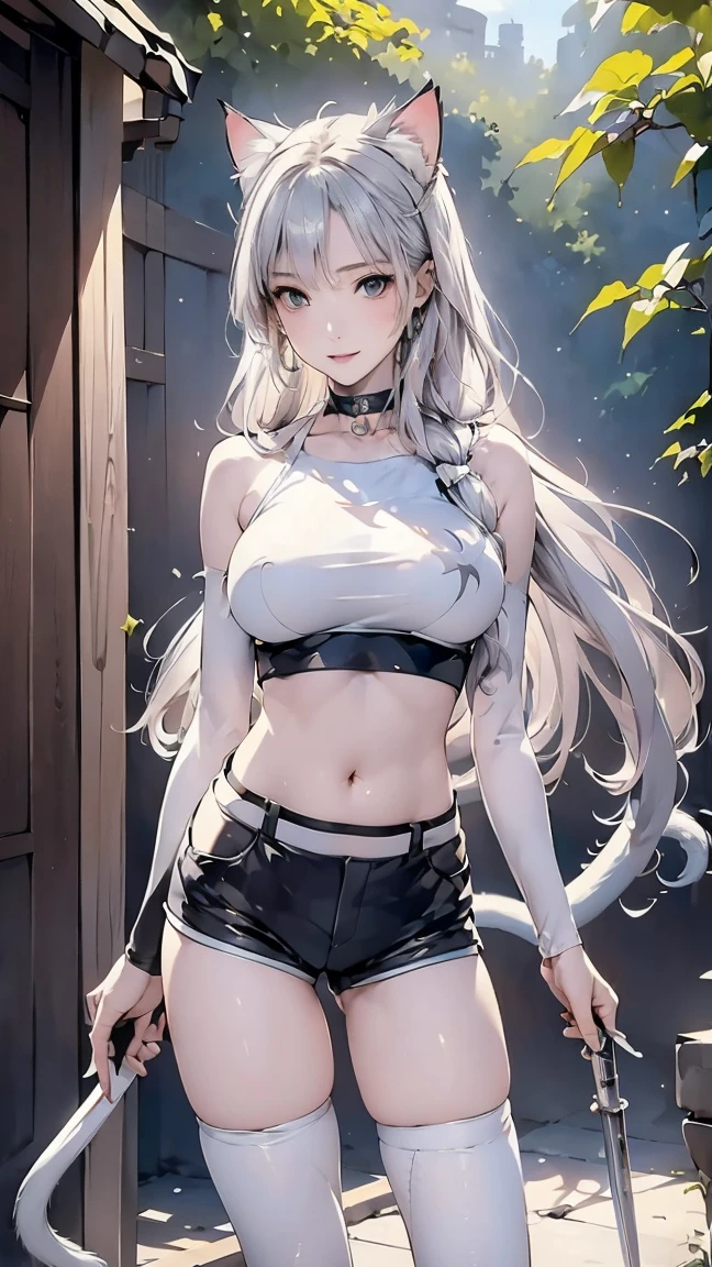 (top quality、masterpiece、very high resolution、Ultra high quality、High quality pixels)、perfect eyes, perfect face, alone,8k, Big breasts,(Detailed description of hair), (Detailed description of face),(detailed description of body), Fair and translucent skin, gorgeous, long legs, facing the audience, Professional photography lighting,white hair, bear ear, blue eye, cleavage, ssmile, maid costume, blue sky