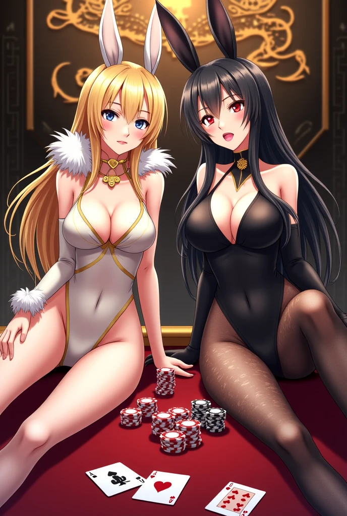 four sexy women looking at camera, flirtatious smiles, on bed, casino outfits, portrait