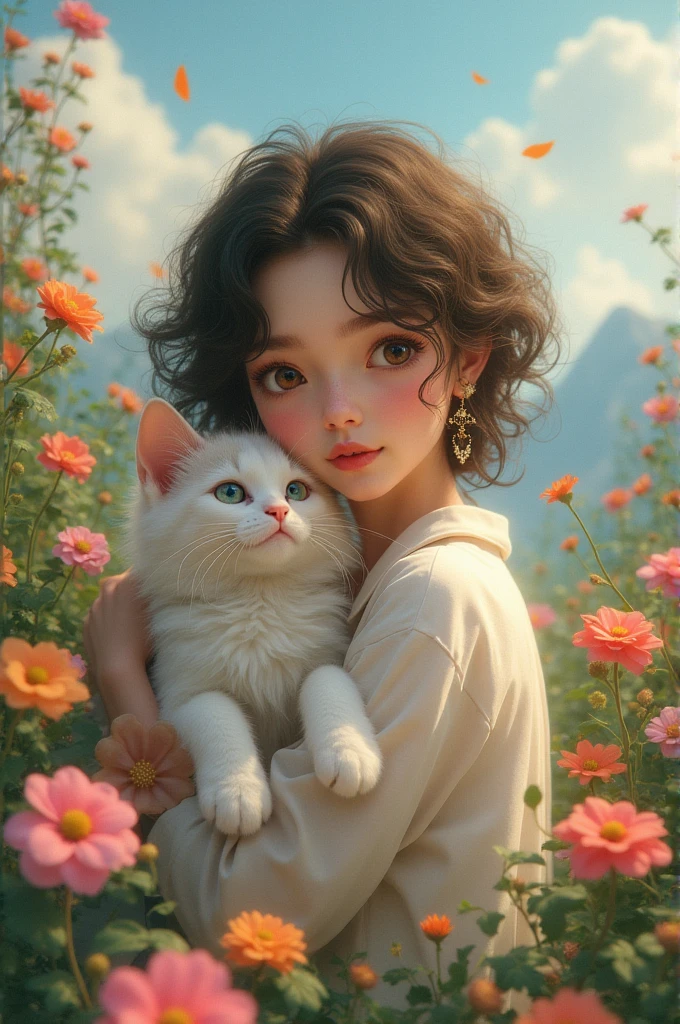 one girl, (a beauty girl, delicate girl:1.3), (18 years old:1.3),
break, (Casual style, put out nudity, White Floral long dress:1.3),
break, (Hugging a cat, Lush flower field, blue sky:1.3),
break, very fine eyes, (symmetrical eyes:1.3),
break, (medium breasts:1.5), brown eyes, parted bangs, brown hair,
break, (eyes and faces with detailed:1.0),
break, (bokeh, shallow depth of field, masterpiece, best quality, ultra detailed, detailed face, 8k)