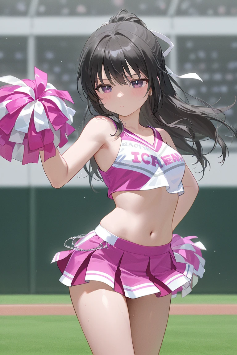 (best quality,4K,(masterpiece:1.2),very detailed,studio lighting,fancy,soft pastel tones,Nezuko Kamada,beautiful and delicate eyes,long black hair,delicate features,standing, (With bamboo mouth guard:1.4),crimson red eyes,Small fangs are peeking out,pale, pinkish skin,pastel pink blush on her cheeks,Purple flower hairpin decorated with ribbon,(sexy:1.4),(Cheerleader Uniform),blush,Basketball court background,face_to_bottom_knee