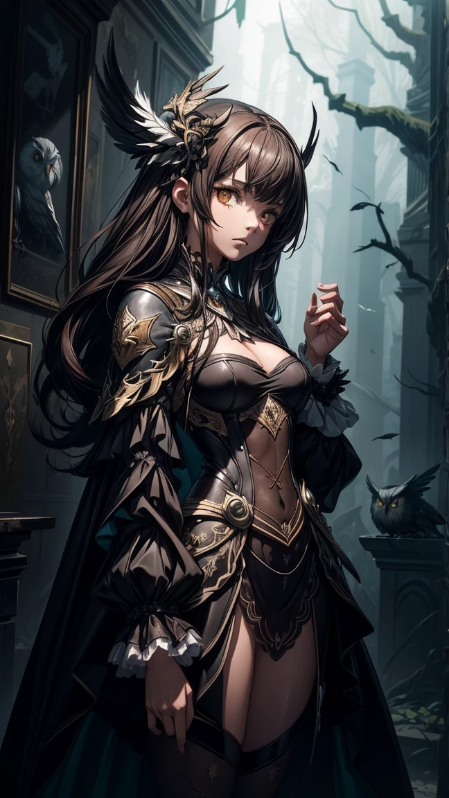 (Ultra detailed:1.2, masterpiece:1.2, best quality:1.2, high resolution:1.2, epic pose:1.2, dynamic view:1.3, (full size:1.2)) A war zone background with a dramatic landscape, heavy rain pouring down, featuring one girl with brown hair in a ponytail. She is wearing armor clothing, including a breastplate. Her face is dirty and has bloodstains, set against a dark, ominous sky.  [yoshitaka amano character design grief despair lustful innocence] [Style by NTY Female Dark colorful]