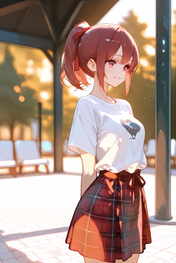 masterpiece, best quality, highres, nishikino maki,purple eyes,red hair, sexy, pink summer dress,llchar,love live, breasts apart , walking, thighs,long sleeves , one hand on hair