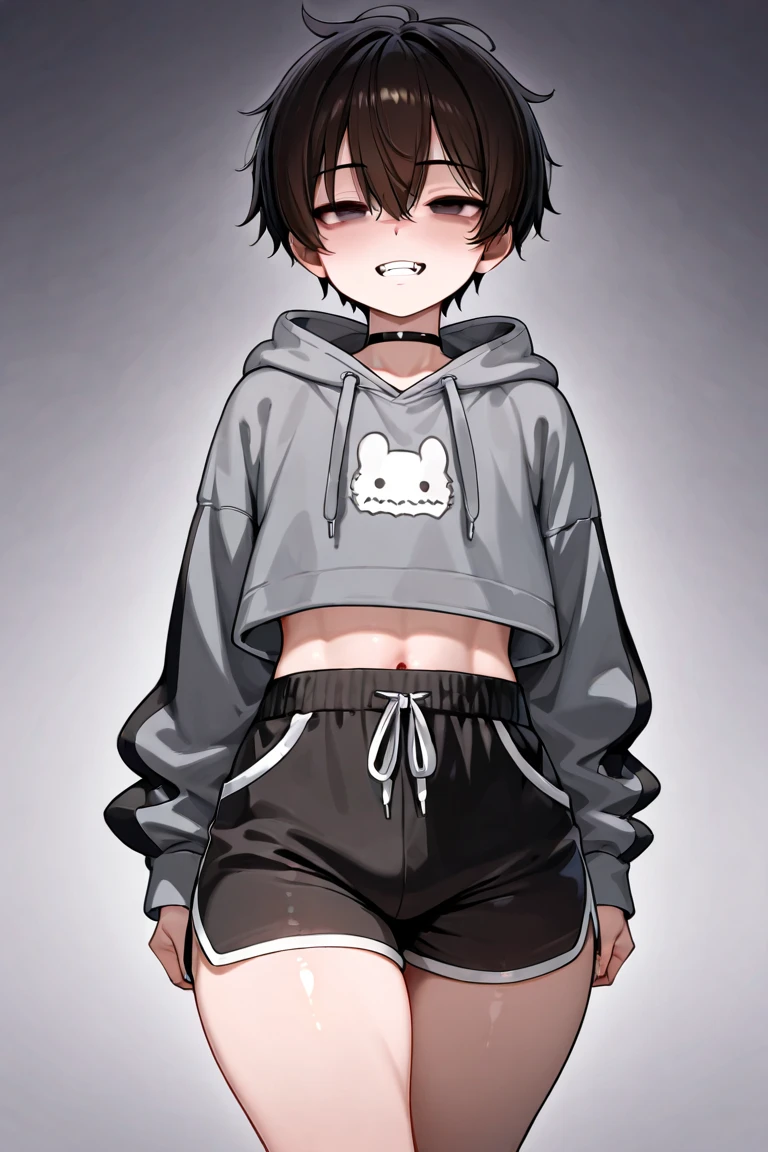 I'd like him to be an axolot, but with the color palette of an orca and very feminine and with short (white) hair. If possible, make his tail appear in the background with the tail of an orca. His clothes will be a basic open black sweatshirt with a simple white t-shirt and he will wear thin round black glasses with a white choker.
