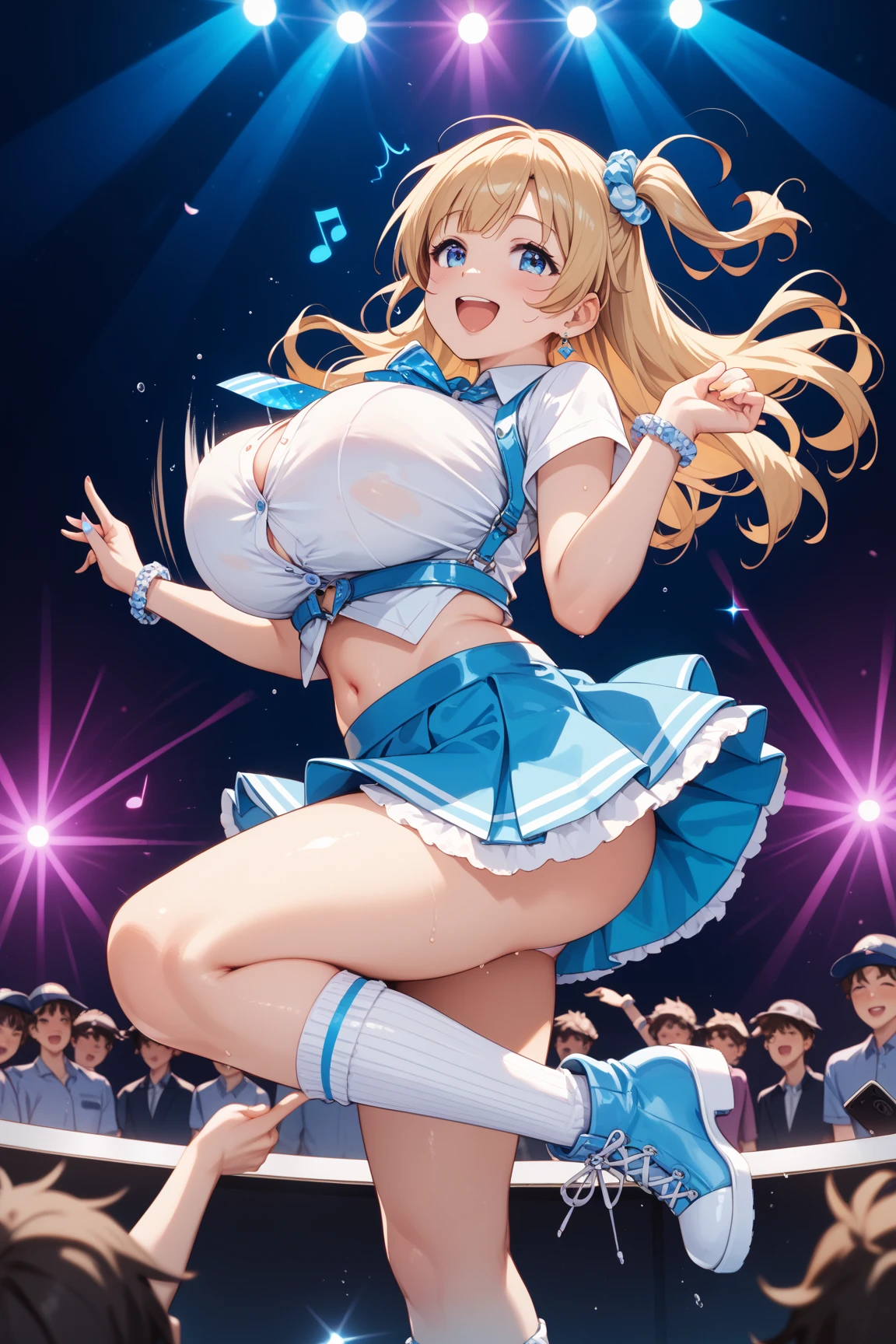 Anime illustration、highest quality、Sex Appeal、smile、market、A plump, short high school girl offering sexual services、Outdoor stage at school festival、Kagamine Rin、Thigh-high boots、Perfect proportions、Erect nipples、Very large breasts、Spread your legs、Clear eyes、Blushing、Sweaty、Cowboy Shot