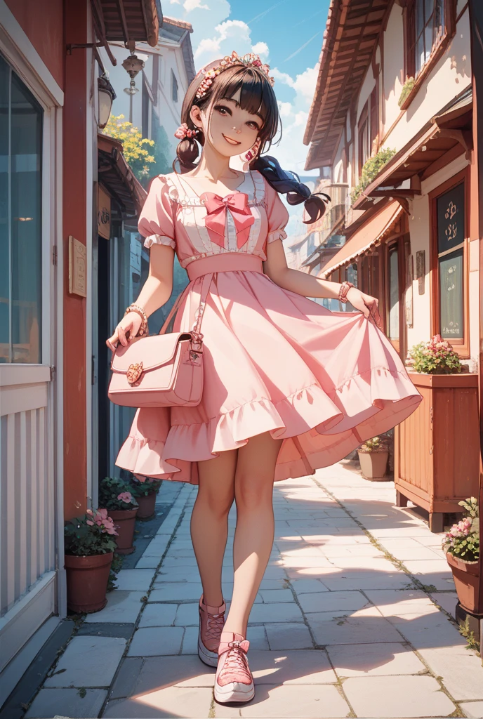 Lovely little girl with a beautiful pink dress and pink shoes too, cabelo curto e loiro escuro, enjoying a lovely walk in the park during spring with lots of flowers