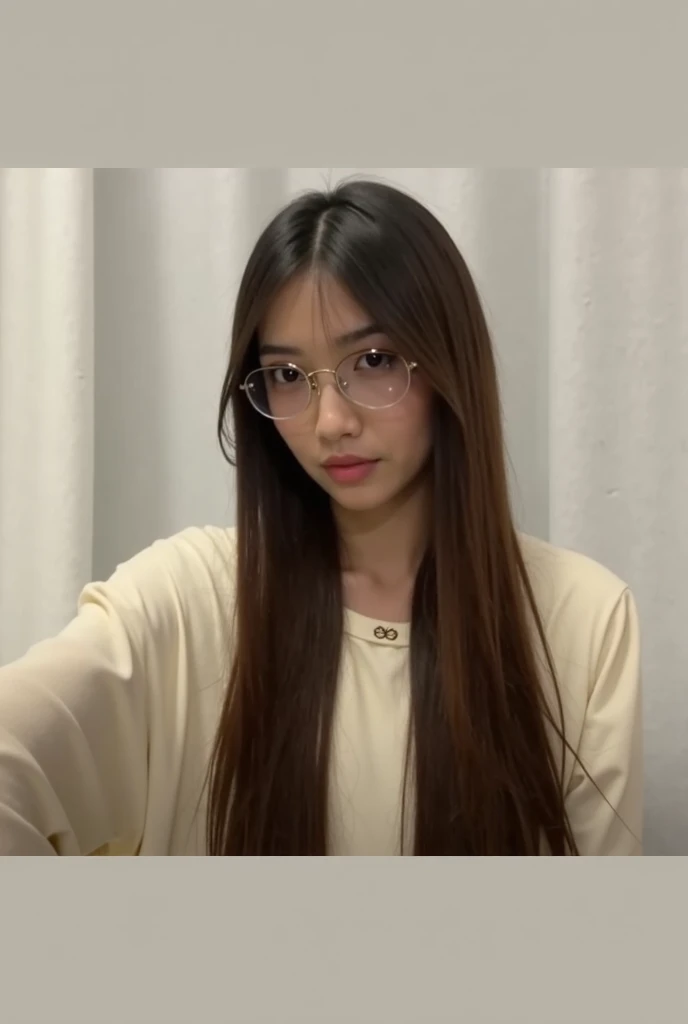Create a photorealistic image. A portrait of a pretty 30 year old Malaysian woman. She has long hair and is wearing glasses. She is smiling.