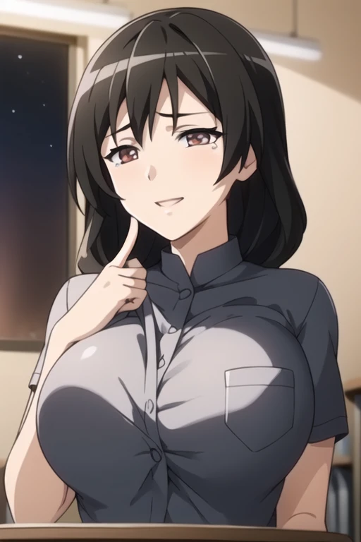 Plump year 21 big breasts black hair brown eyes chubby smile bear girl black jacket night