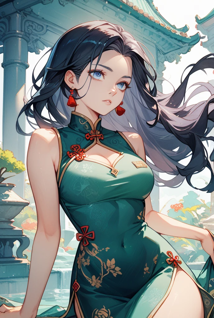 illustration by artgerm,ayami kojima,attractive woman,perfect body,hyperfeminine curves,floral body hugging cheongsam,cute and playful,vibrant,emotive expressions,(best quality,4k,8k,highres,masterpiece:1.2),ultra-detailed,(realistic,photorealistic,photo-realistic:1.37),HDR,UHD,studio lighting,physically-based rendering,extreme detail description,professional,vivid colors,portraits,colorful lighting