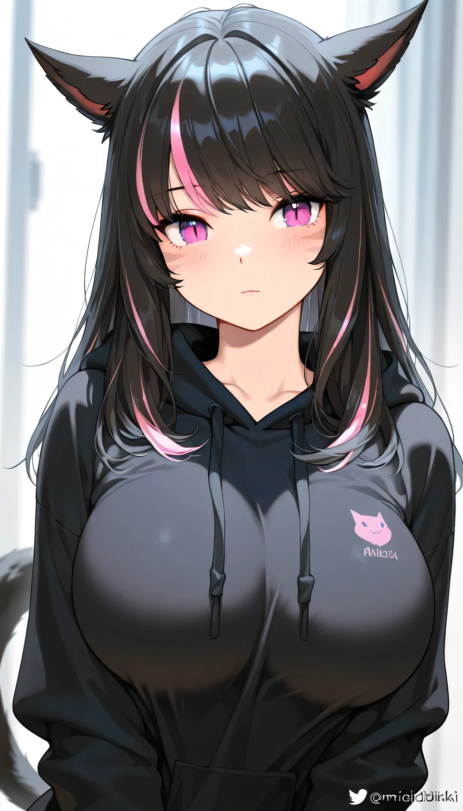 masterpiece,1girl, Black longhair, ((highlights hair, pink streaked hair)), Miqo'te, Big Breasts, , Black hoodie, Miqo'te, upper body, meidbikini
