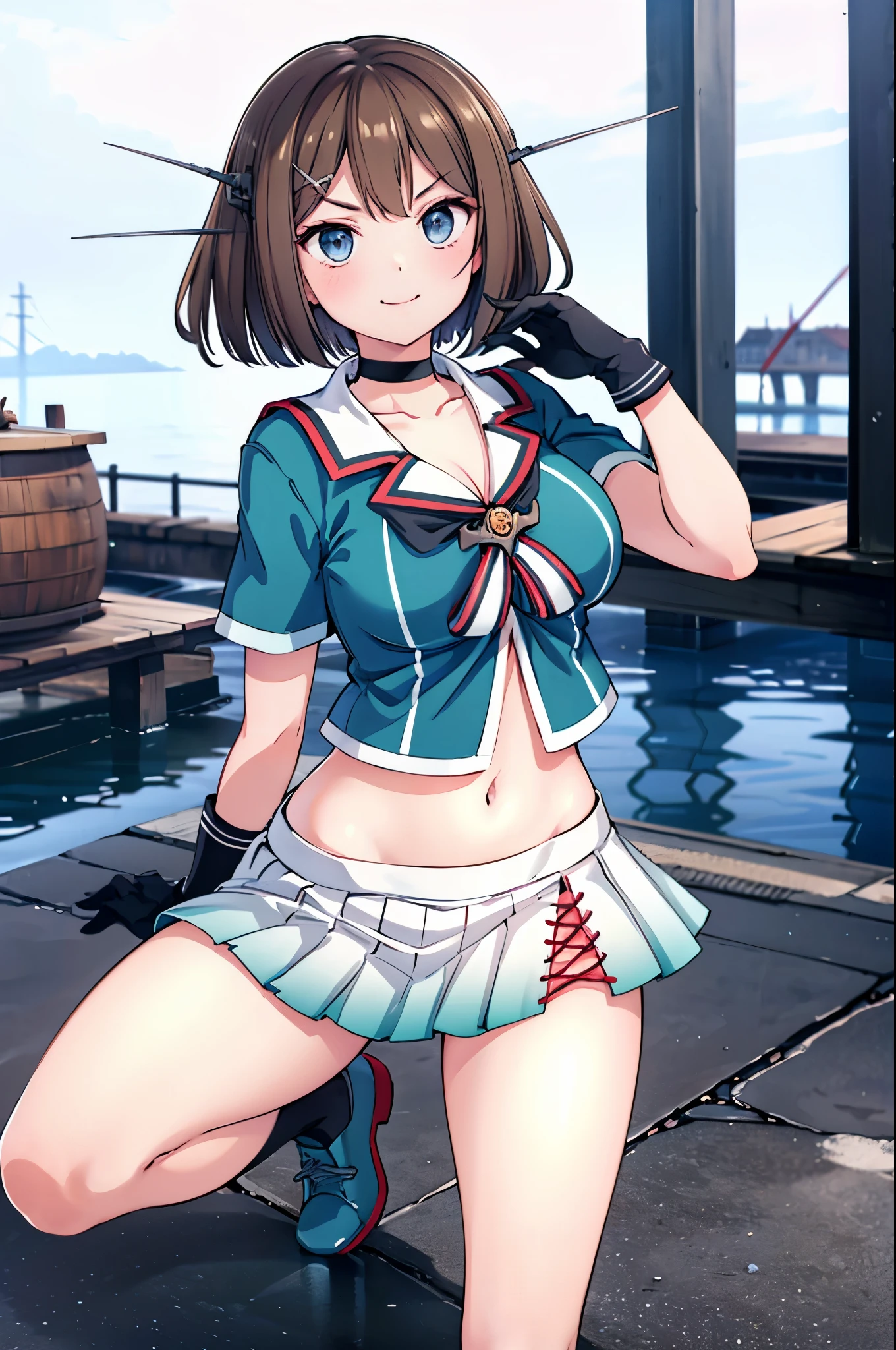 masterpiece,highest quality,wonderful,finely,High resolution,1 girl, big breasts,(sailor swimsuit:1.3), black hair, glasses, green eyes,twin tails,full body