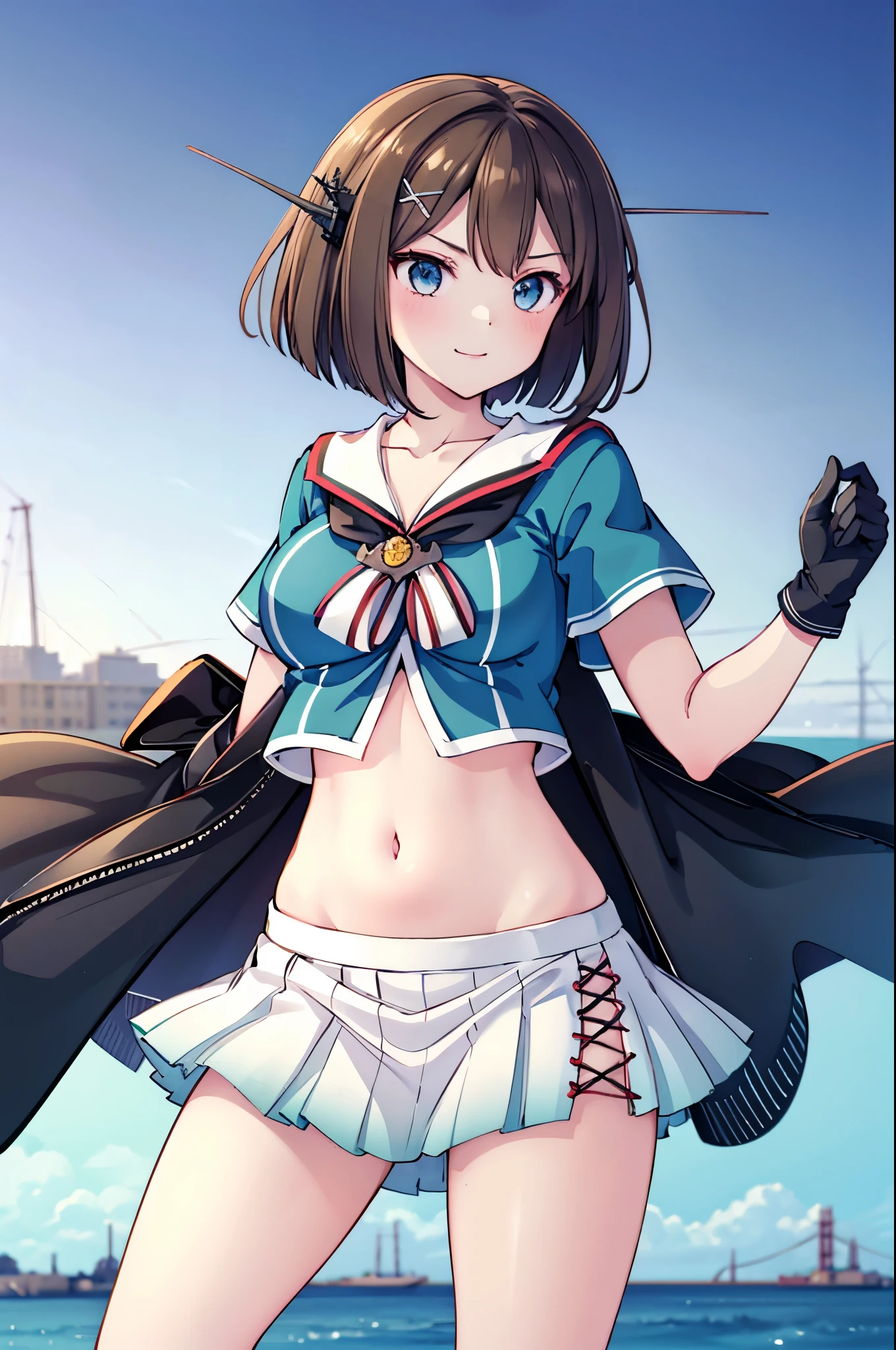 1young_teen_ girl, , brown_hair, medium_bob_hair, blue_midriff_baring_sailor_uniform, mini_skirt, short_sleeve, thighs, gigantic_breasts, angry, smile, grin, standing, harbor_background, slightly_spread_Legs, happiness, short_gloves, wet,,covered_nipples, covered_crotch,Maya_flag,