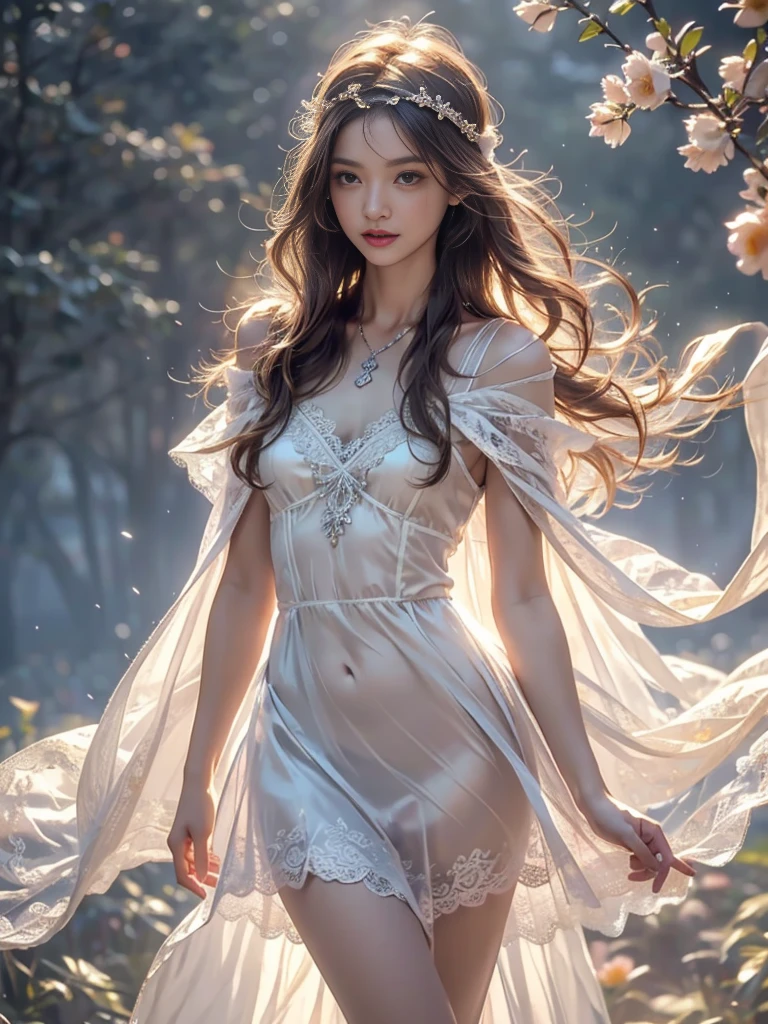 (best quality,4k,8k,highres,masterpiece:1.2),ultra-detailed,(realistic,photorealistic,photo-realistic:1.37),soft lighting,warm color tones,(sparkling snow,soft snowflakes),charming smile,long eyelashes,girl beauty, Shinano cosplay clothing, cosplay,thighhighs, High heels, perspective, fox tail, multiple tails. In the depths of the fairyland, moonlight falls like water, and in the hazy room, one can vaguely see the figure of the female protagonist, just like the fairy in the painting. Her slender and sexy legs, picturesque eyebrows, long eyebrows extending all the way to her temples, and the waves in her eyes like sparkling stars, showcasing perseverance and wisdom. Her nose bridge is straight, her lips are like cherries, and the slightly raised corners of her mouth reveal confidence and calmness. Her face has a clear contour, her skin is fair like jade, emitting a healthy glow. The fairy's makeup is light and delicate, without too much embellishment, but it is enough to showcase her temperament and charm. Light foundation make-up makes skin transparent. A light colored eyebrow pencil outlines her perfect eyebrow shape. Eye makeup is a pen for eye shadow and eyeliner, which makes her eyes brighter and more energetic. Her lips are painted elegantly, adding a little charm and refinement. Her clothes are very elegant. Wearing white clothes won the snow, and the clothes floated as if they could be blown away by the wind at any time. The clothes drifting towards the distance are embroidered with exquisite patterns, showcasing elegance and magnificence. This also demonstrates her extraordinary skills. She wore a wide waistband around her waist, with a crystal jade pendant hanging from it, swaying with her movements. Her hair was tied casually at the back, fixed with a jade hairpin, and a few strands of hair swayed gently in the wind, adding a touch of softness. Her figure faintly appeared in the fairyland, attracting everyone; Her attention is like a fairy in a fairyland,.