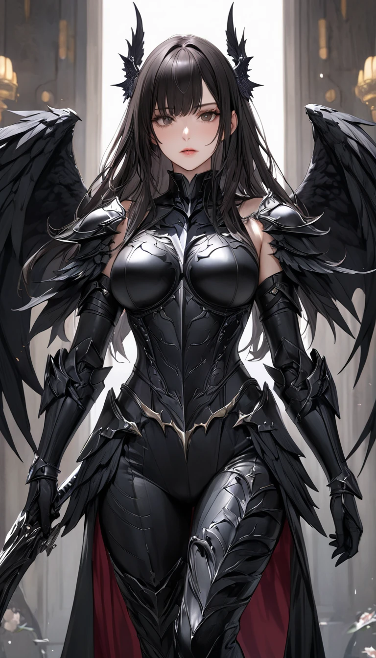 Estella stands tall, showing off her new lean and toned physique. Her raven hair is long and wild, falling in waves down to her shoulders. Her face is elegant and refined, with sharp cheekbones and a strong jawline. She's wearing a form-fitting black leather armor, which molds perfectly to her body, emphasizing her shape and giving her a powerful yet graceful appearance. Her wings are a majestic black, their dark feathers shimmering in the light like onyx.She carries herself with a sense of confidence and power, her every move exuding an aura of regal strength. Despite her dark and brooding appearance, there's a warmth and gentleness in her eyes, a hint of the kind heart beneath the formidable exterior.Her wings, even when folded, make her seem larger than life, their sheer size and presence evoking a sense of awe and respect. Each feather is a glossy black, contrasting beautifully with her tanned skin. She looks every bit the dark knight, a fierce and dangerous warrior, but there's also a vulnerability in her gaze, a hint of the softness and love within her heart.The black leather armor she wears is practical and battle-ready. It covers her strategically, leaving her strong arms and legs exposed, ready for combat. Yet, the armor is also form-fitting, emphasizing her curves and giving her a fierce and seductive appearance at the same time.The armor is designed not just for protection, but also for intimidation. It's made of thick, black leather, stamped with intricate swirling patterns and decorated with small spikes along the edges. On her back, a stylized pair of wings is etched into the armor, symbolizing her winged form and adding a touch of mystique.