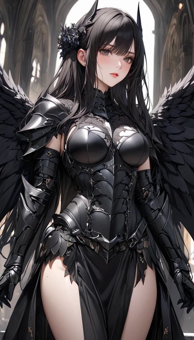 generate a High quality image of kurihara Mari from prison school, black long hair, grey eyes, angry facial expression, (wearing mechanical white Armour), two wings, wrunning in the destroyed City, cinematic fog.