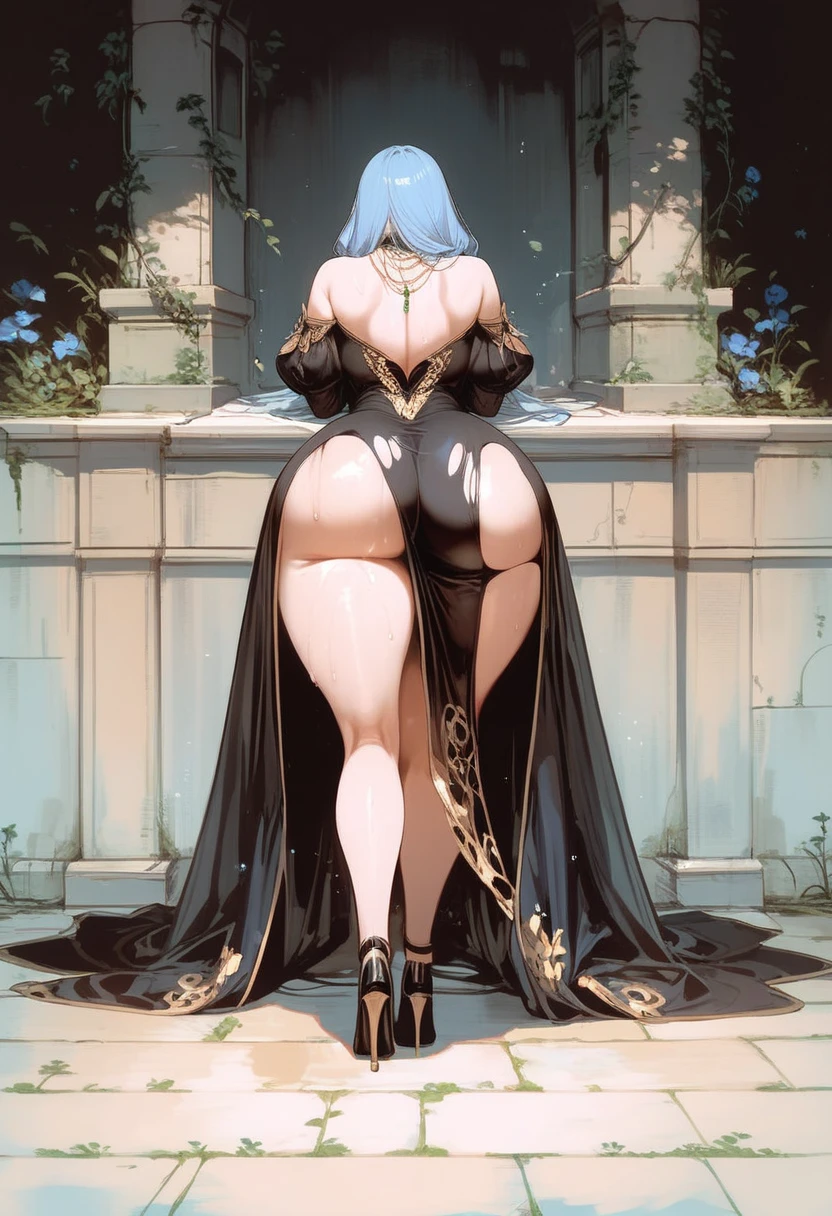 1 girl, silk hijab, wearing only a leopard pattern corset, fishnet pantyhose, fishnet long gloves, polished nails, 10 inch high heels, vibrant juicy lips, makeup, tattoos, belly piercing, pussy piercing, naked, standing, inside a temple, posing for a picture, provocative pose, shot from behind, she winks with her eyes, while she looks at the viewer, the place full of mist, heavenly scenery, sexy woman, large breasts,big hips, rounded big ass