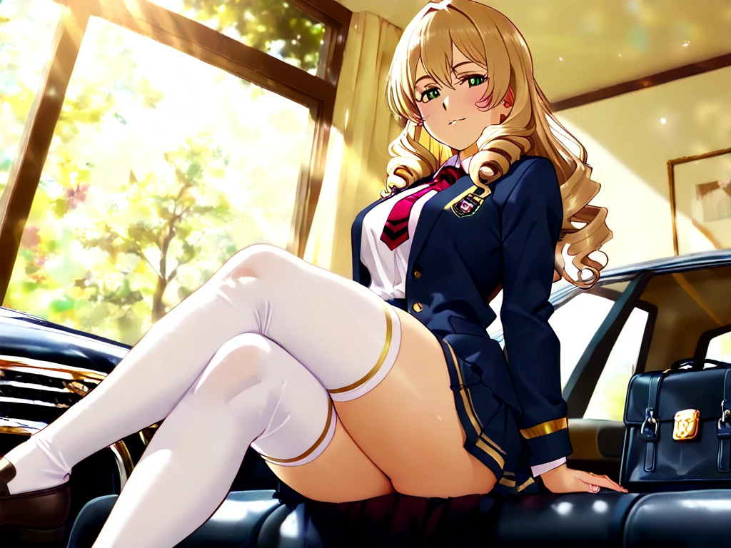 (((Spread your legs、Shooting from below、Shooting from below))、(((Accentuate the crotch、Shiny underwear)))、Highest quality, 8k, masterpiece :1.3)), whole body, Sharp focus :One Girl,Glowing Skin,SSSexy pose,Highest quality,Tabletop,shape,Very delicate and beautiful,Hmph,8k壁紙,wonderful,In detail,Official Art,Very detailedなティッカーUnity 8k壁紙,Incredibly ridiculous,Large file size,Very detailedな,High resolution,Very detailed,Beautiful detailed girl,Realistic,X-ray,The queue is full,(((Uniform Blazer、mini skirt)))、(((Big Breasts、Long golden hair、Uniform Blazer、Her hairstyle is twin tails..)))、(((train、Sit in a chair in the car、Wear high socks)))、Stand upright、Cleavage , ((Long golden hair、Her hairstyle is twin tails..))、Uniform Blazer、Sexy pose、Her hairstyle is twin tails..、Wear high socks