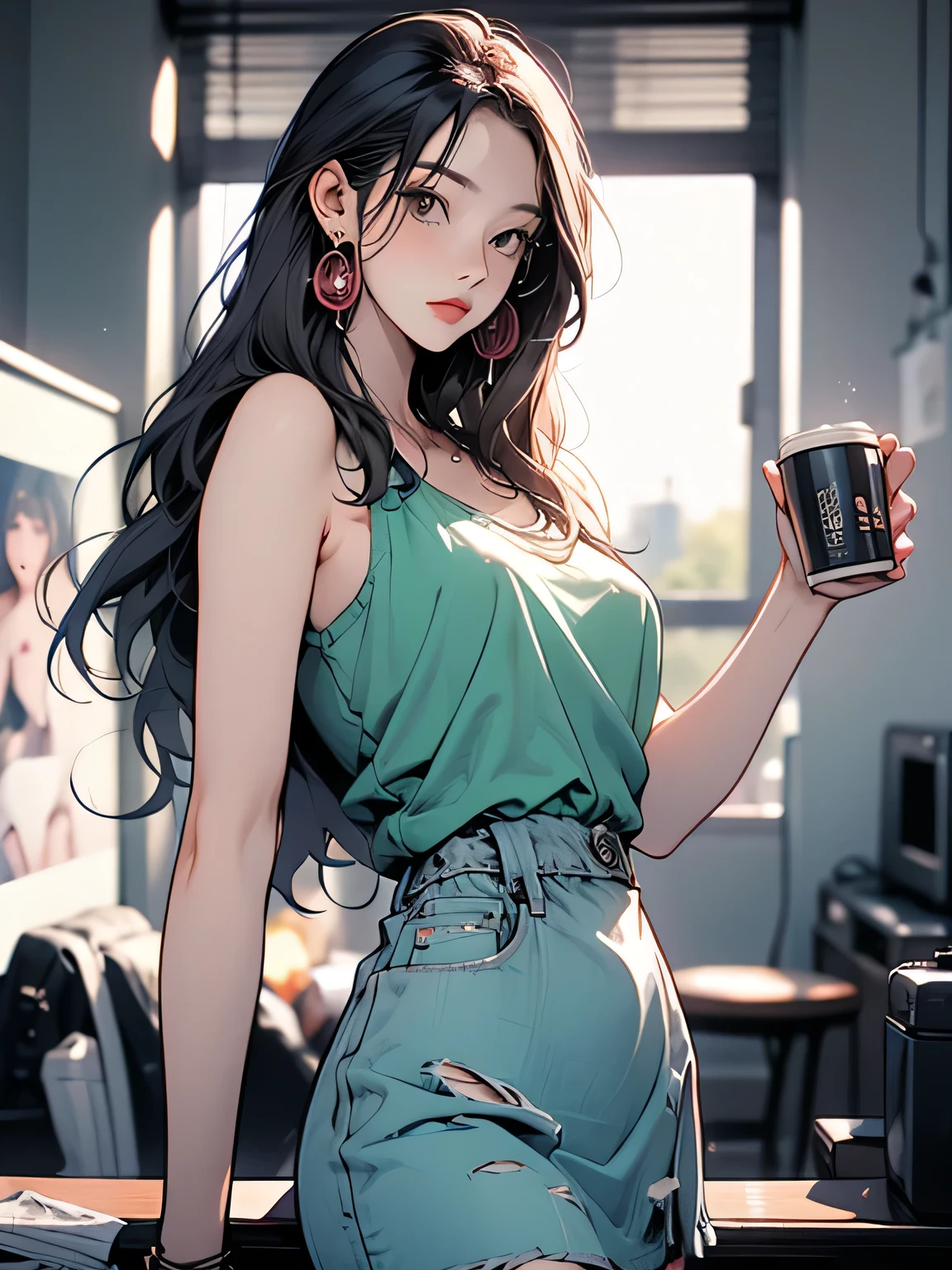 An attractive woman with diamond blue eyes, oval face with smiling shining teeth, sparkling black hair, gorgeous body, small breast, wearing a green top, strong abdomen, blue jeans, anatomically perfect, in a café, HD picture, 8k, artwork, perfect illustration