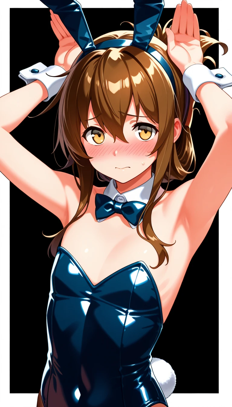 1girl, (isshiki iroha, yahari ore no seishun lovecome wa machigatteiru, brown hair, brown eyes), (reverse bunnysuit, reverse outfit, shiny rabbit ears headband, detached collar, bowtie, pink pasties, topless, tight sleeves, (black) puffy long sleeves: 1.2), thigh, perfect face, perfect anatomy, light rays, photo background, extremely delicate body, smooth skin, feminine expression, (cristal clear eyes, beautiful face), (anime style:0.8), highres, (artist m-da s-tarou:0.2), (best quality)