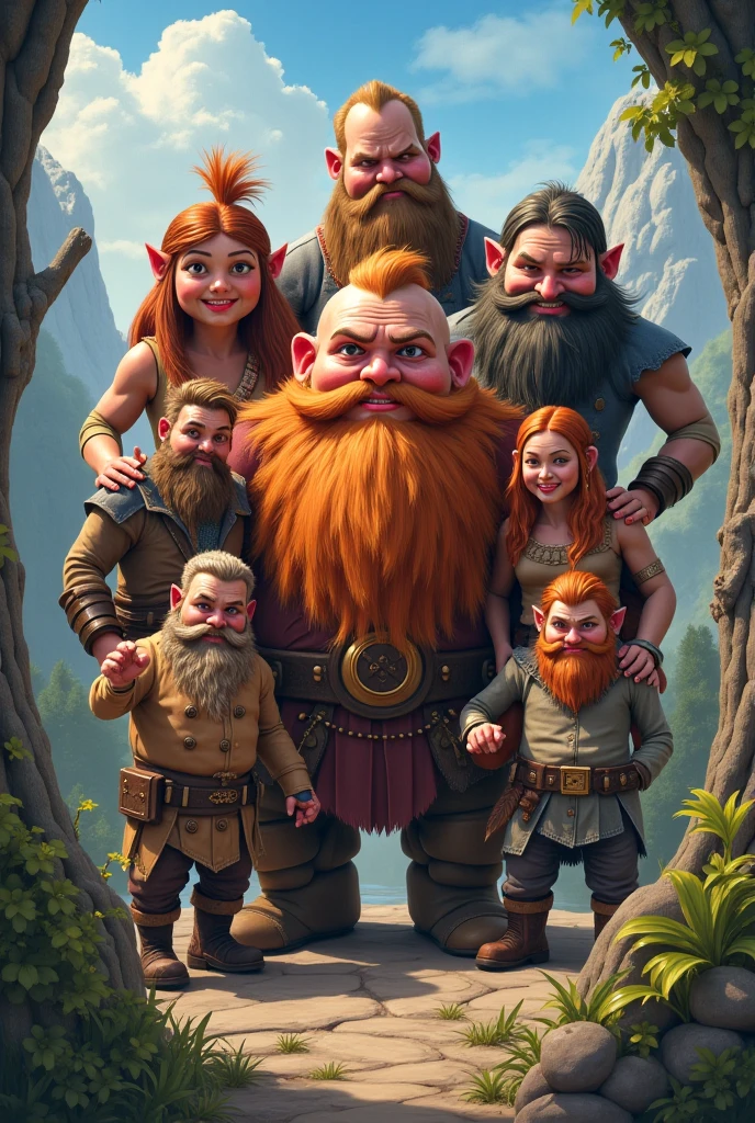 Three friendly male ogres talking.
The first ogre is thin,redhead and wears glasses.
The second ogre is fat and bald The third ogre is blond and muscular