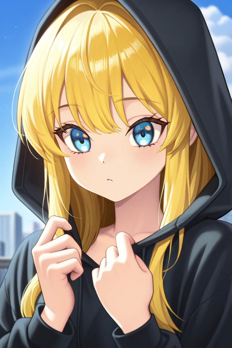 (masterpiece:1.5、Photorealistic:1.4,High Saturation:1.4、high resolution:1.4)、,(Dynamic Angle:1.5、spot light:1.2、Exquisite beautiful eye:1.5,portlate)、
(kind eyes、tareme:1.4),()、(Cute Face、Eyes in Love:1.4)、(blonde hair:1.5)、(middle hair:1.5),(sidelock :1.9),(blunt bangs:1.3),(1  school girl)、(aqua eyes:1.2)、(upper body:1.5)、(light smile:1.5)),()、()(head tilt) ,(),(flat chest),(),(hoodie:1.5),( beautiful blue sky background:1.5)、()、()、Slim Body(),Shiny Hair、girl、zydG