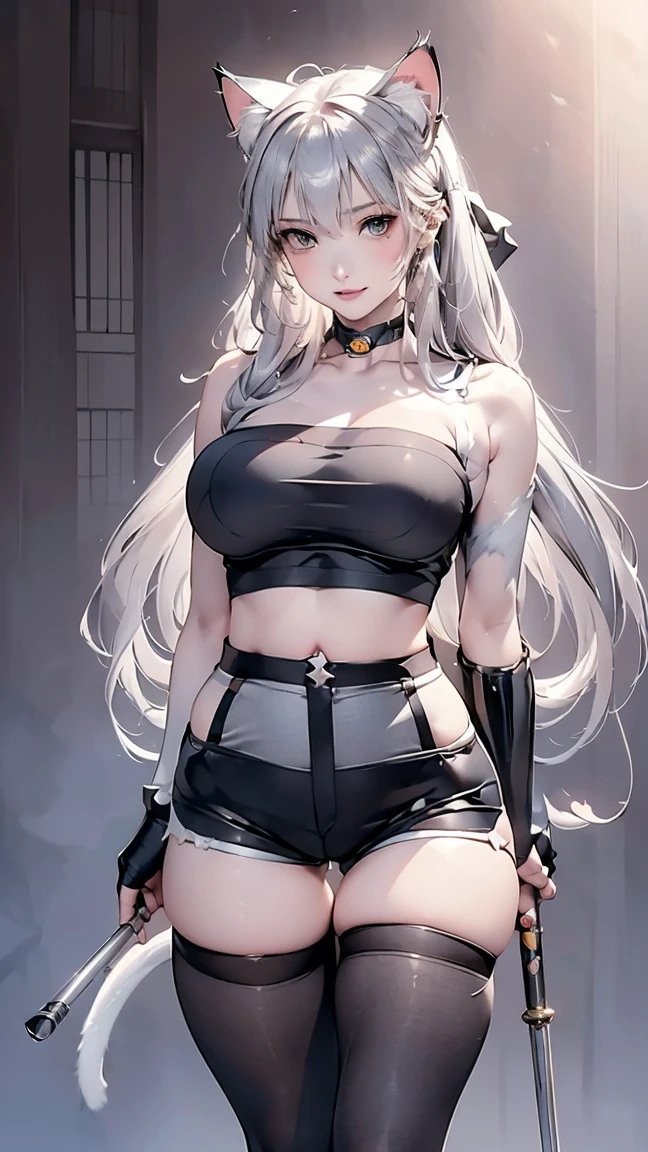 1girll,adorable smile, (Masterpiece:1.1), (Best quality:1.1), Wolf Girl,grey wolf ears on head,grey wolf tail,sliver long hair,wear cap,Tall body,Slim body,Large breasts,Nice legs,in a street at night,Moonlight