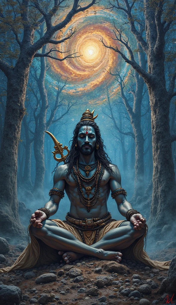 cinematic animated character art, shillouete of an indian naga sadhu meditating in Himalayas, strong jawline, body covered in ash, long hair locks, long beard and moustache, long hair, holding a stick, Yellow moon in background, night, glowing fireflies in atmosphere, darkness in atmosphere, colour graded, vibrant, 4khd