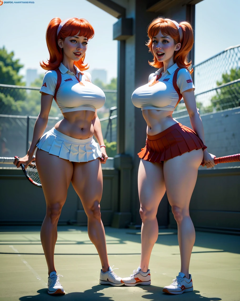 Christina Hendricks, long red hair, sunny day, dramatic cloudy skies, on tennis court, two girls, duo, sisters, in tennis uniform, pleated mini skirt, crop top, tight clothing, bare belly, groping breasts, squeezing breasts, (squeezing breasts:1.5), gigantic breasts, (gigantic breasts:1.5), curvy figure, suggestive pose, lots of cleavage, chubby belly, (chubby belly:1.5),