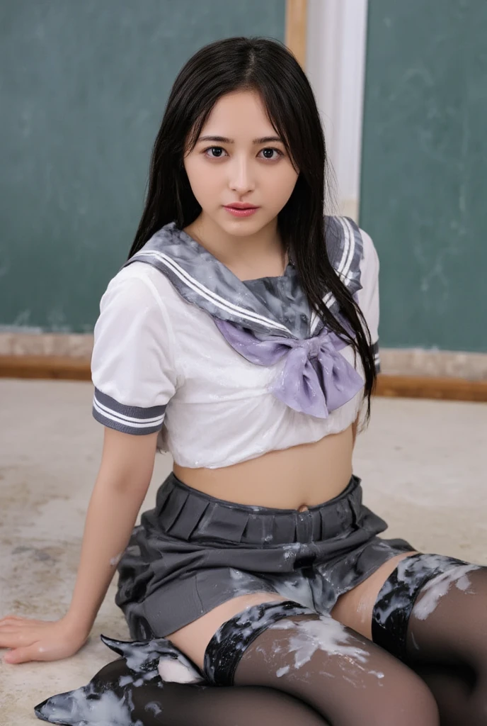 ((highest quality、8k、masterpiece:1.3)),((((fullbody shot)))),Ultra-high resolution,big eyes,Japanese,bangs,(a girl),(1 girl),((20 years old)),((facing at viewer)),(long hair),(((black sailor uniform))),grin,((sitting on chair)),(pleated mini skirt),(((pussy))),(((open legs))),((skirt lift)),((short crew socks))