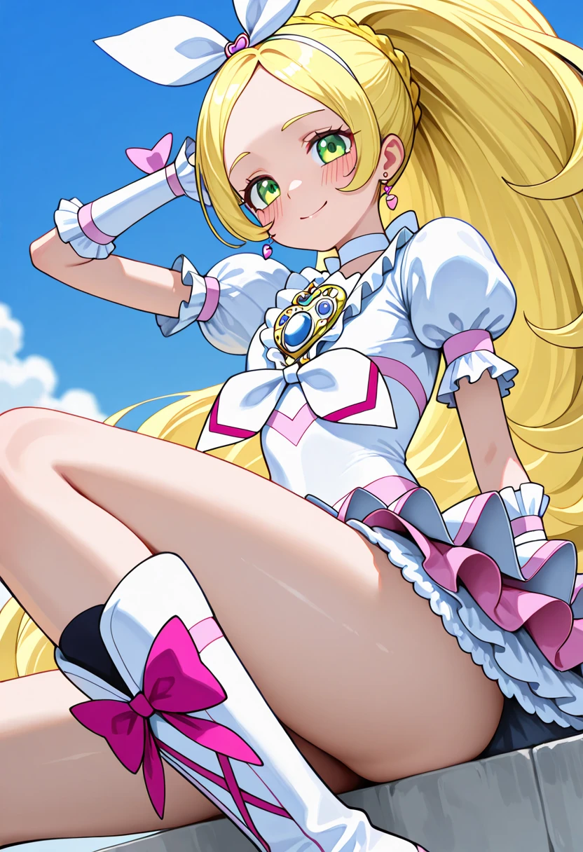anime, (high quality, detailed, beautiful), shiny, detailed beautiful eyes, outstanding, countershading, detailed soft lighting, an exquisite animation illustration, score_9, score_8_up, score_7_up, source_anime, anime screencap, anime coloring, sidelighting, shiny luminous, 1girl, solo, solo focus, (curepeace), small breasts, flat busts, shiny skin, wet skin, very sweaty, very wet skin, steaming body, open mouth, smug, blush, pom pom, (standing_split), arm up, no panties, pubic hair, looking at viewer, sky, dutch angle, cowboy shot, outdoors, city, sunset, evening, expressiveh, attractive poses, (poop, pooping, brown poop)