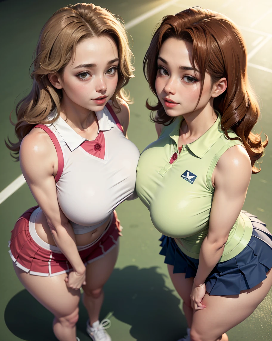 Best quality, perfect body, perfect face, perfect breasts, perfect ass, perfect hands, perfect legs, giant breasts, big ass, very curvy, half up half down hair, green eyes, full lips, seductive, tennis sport uniform, very short skirt, very tight shirt, erect nipples, 2 girls, hand on own breast, presenting breasts, cleavage, see-through top, thong panties, wet pussy, wet thighs