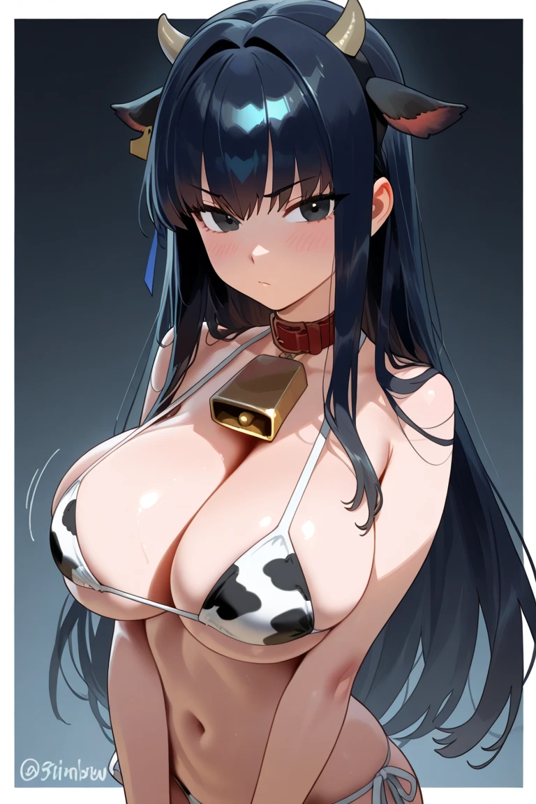Cow horns grow、Ox handle、J-cup breasts in a sexy pose、She's crying、She sweats a lot、The background is the school changing room、She is doing M-shaped leg spread from behind.、Man meat is protruding、