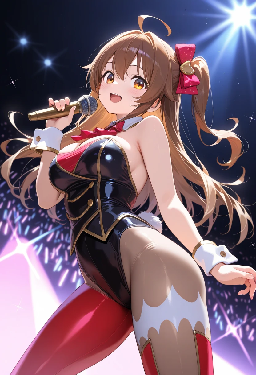 1 female, teacher, wearing a black suit, red tie, bootyshorts, Thicc, brown hair, long hair, Bear ears, light blue eyes, face to detail, detailed eyes, the background is a pizzeria, happy, holding a microphone singing