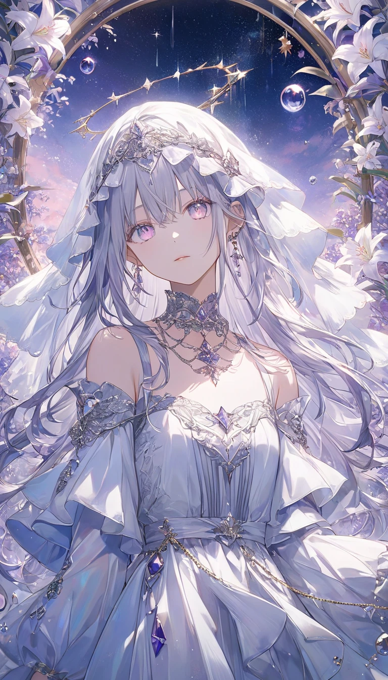 (Wedding Photography:1.1, In the white garden:1.5), masterpiece, Highest quality, (Highly Detailed CG Unity 8K Wallpaper), (Highest quality), High resolution RAW color art, animation, (Pink marble skin), (((Highly detailed elegant))), Magical atmosphere, Detailed skin, texture,(Exquisitely crafted, The finer details, Ultra-detailed art), Depth of written boundary, Bokeh, Silky Touch, Hyper Detail, Beautiful Eyes, Elegant face, (Lying on the marble floor), Sparkly Background, Huge breasts:1.3, Magic Costume, (Silver Hair), Pastel Purple:1.1, Embarrassed smile, wide open udder, lavender